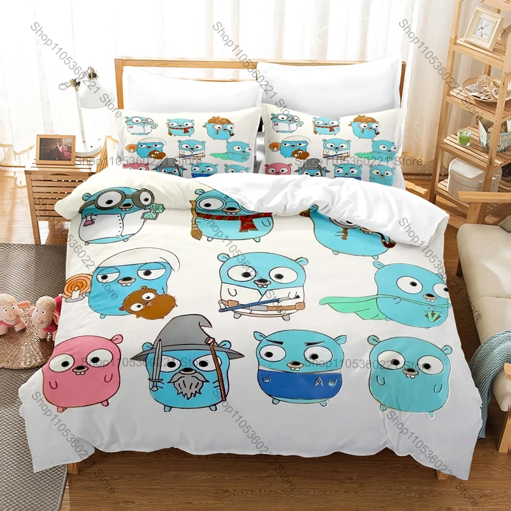 Cool Coding Geek Golang Gopher Cartoon Pattern Bedding Set Duvet Cover + 2 Pillowcases IT Developer Dorm Home Decoration