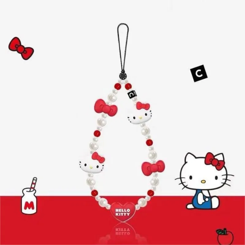 Sanrio Cartoon Hello Kitty Phone Chain Cute Girl Heart Bead String Phone Case Hanging Rope Keychain kawaii pendent Holiday Gifts