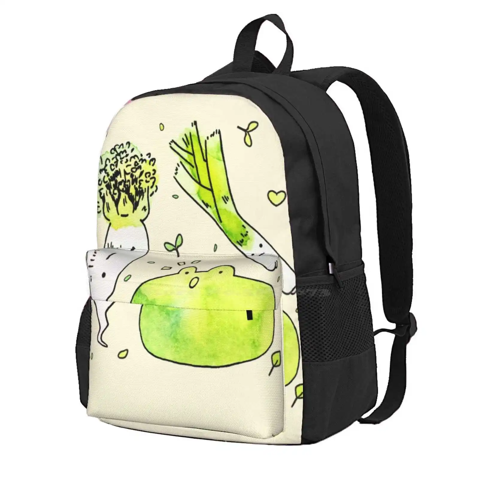 Frog And Veggies Hot Sale Schoolbag Backpack Fashion Bags Frog Leek Botanical Anime Manga Kawaii Aesthetic Green Watercolor