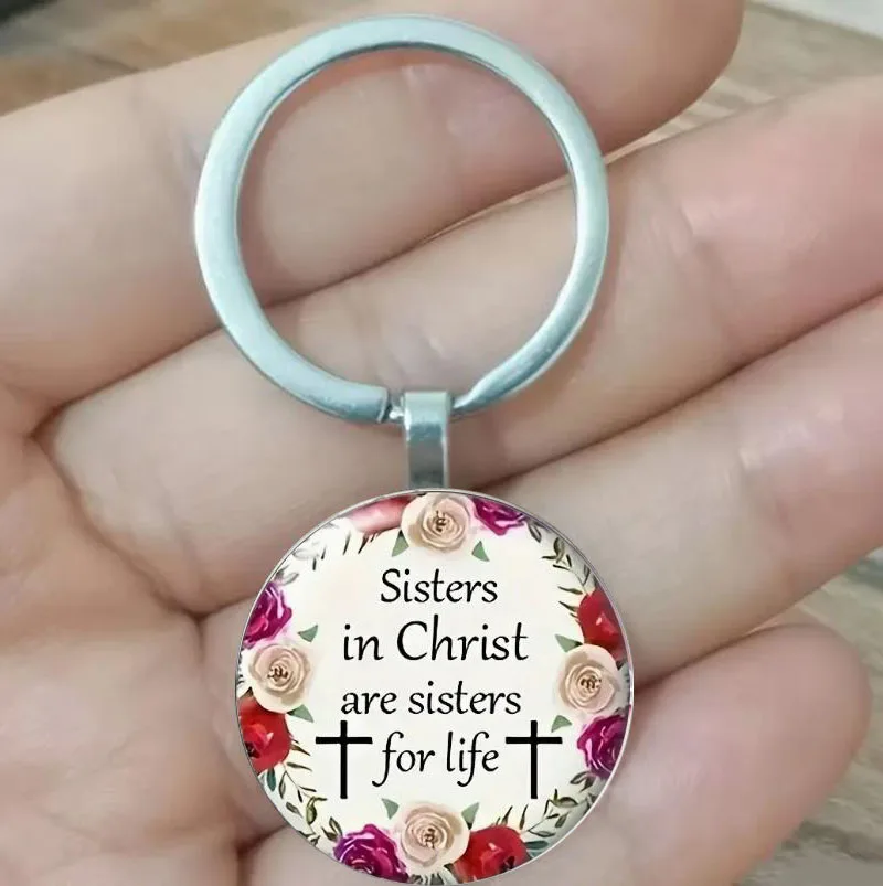 Fashion jewelry accessories keychain, sisters round glass pendant keychain, birthday graduation Christmas party gift, boys and g