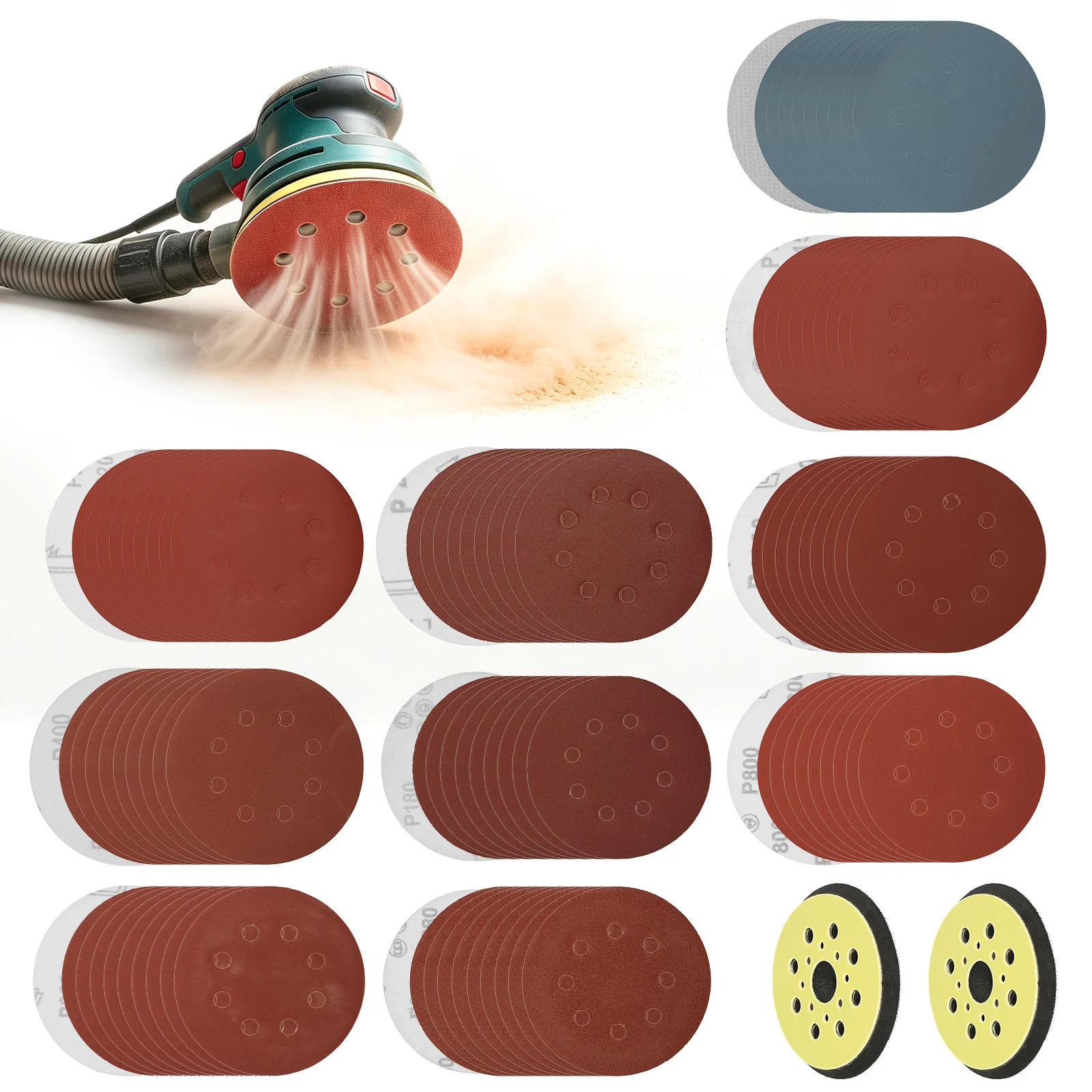 102Pcs 5 In 8 Holes Sanding Discs Set with 2 Sander Backing Pads 80-3000 Grit Hook and Loop Sandpaper for Random Orbital Sander
