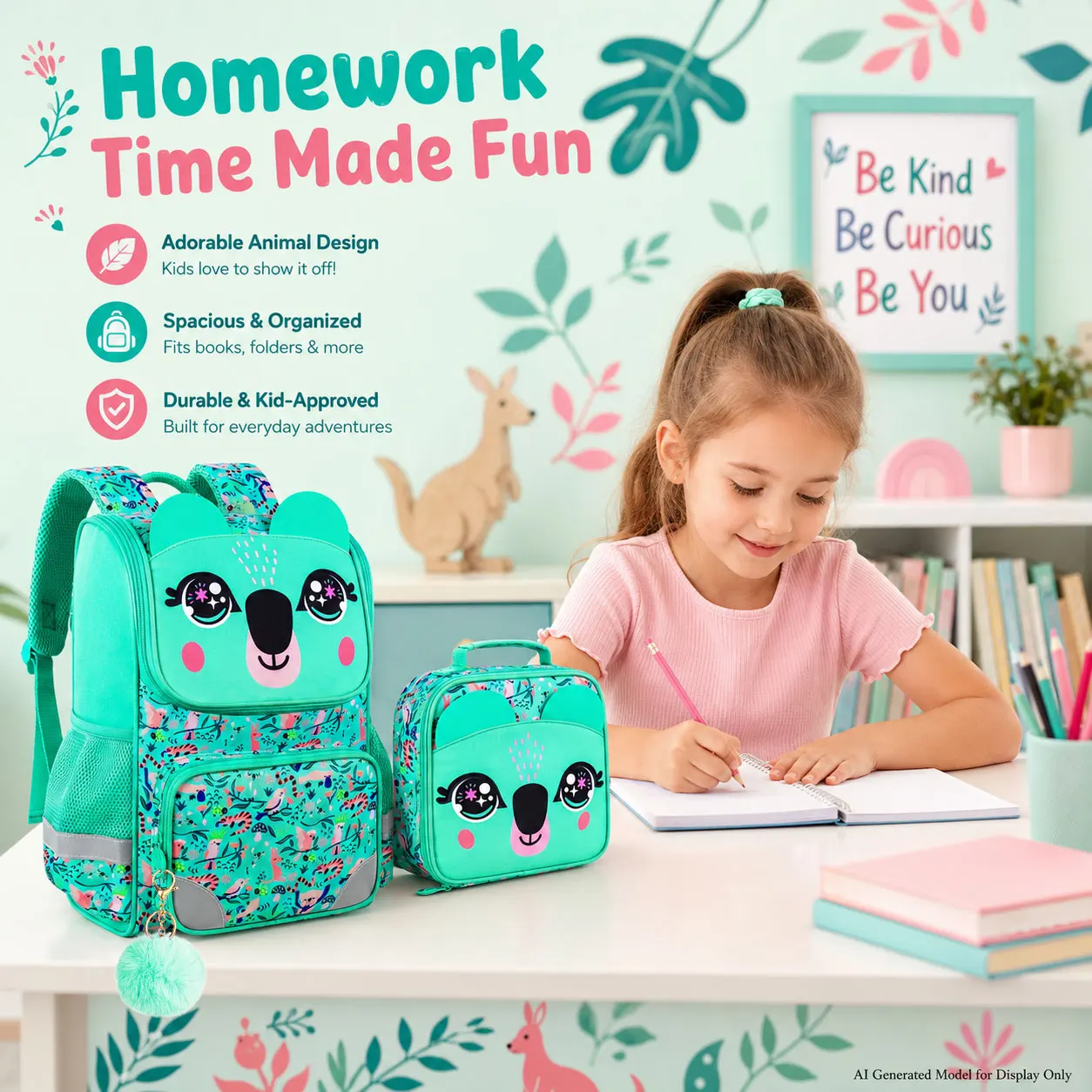 Kid's backpack 3PCS 15 Inch Hard Shell Set, Big Eyes Koala, One Backpack+Handbag+Pencil Case, Large Capacity Bag