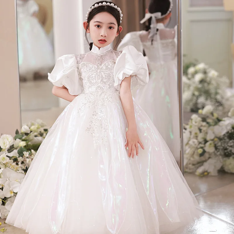 

Birthday Party Flower Girls Dress Wedding Evening Palace retro white Children Princess Pageant Long Gown Kids Dresses for Girls