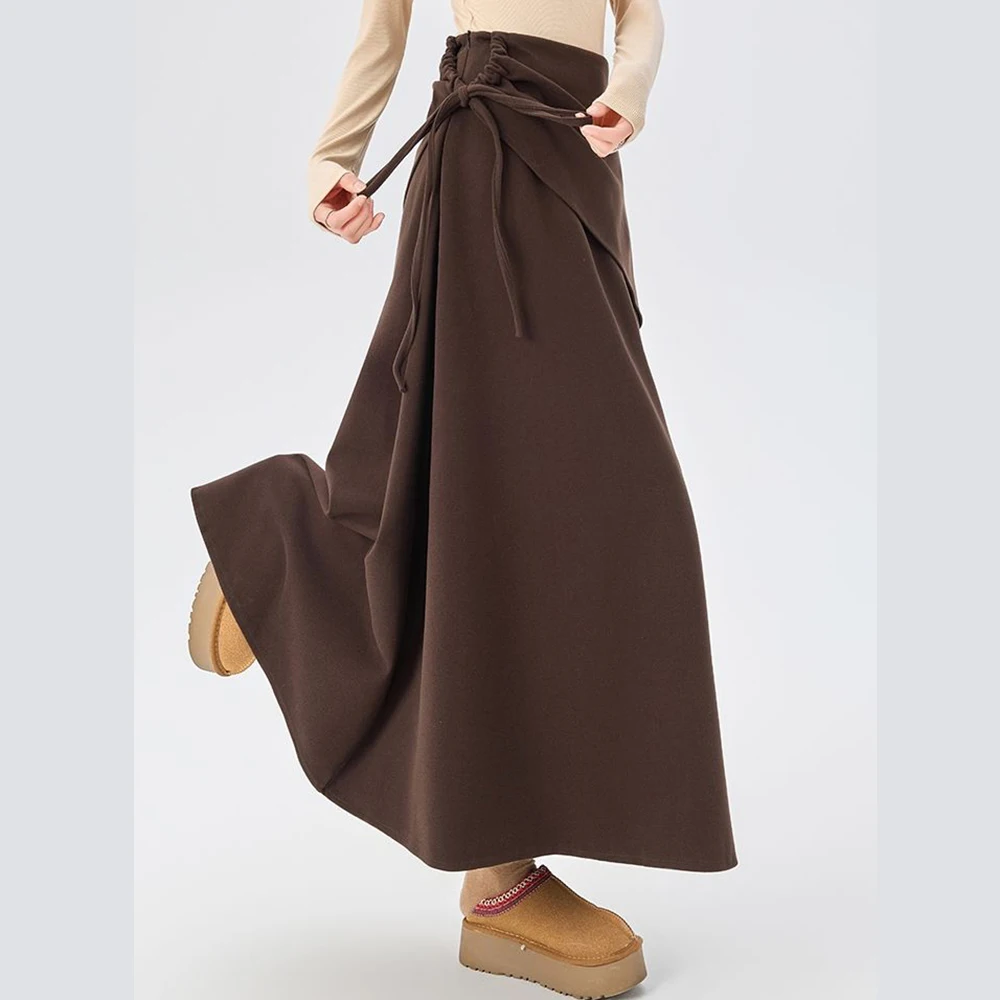 Irregular gray woolen skirt women's autumn and winter 2025 new design strappy temperament A-line umbrella skirt long skirt