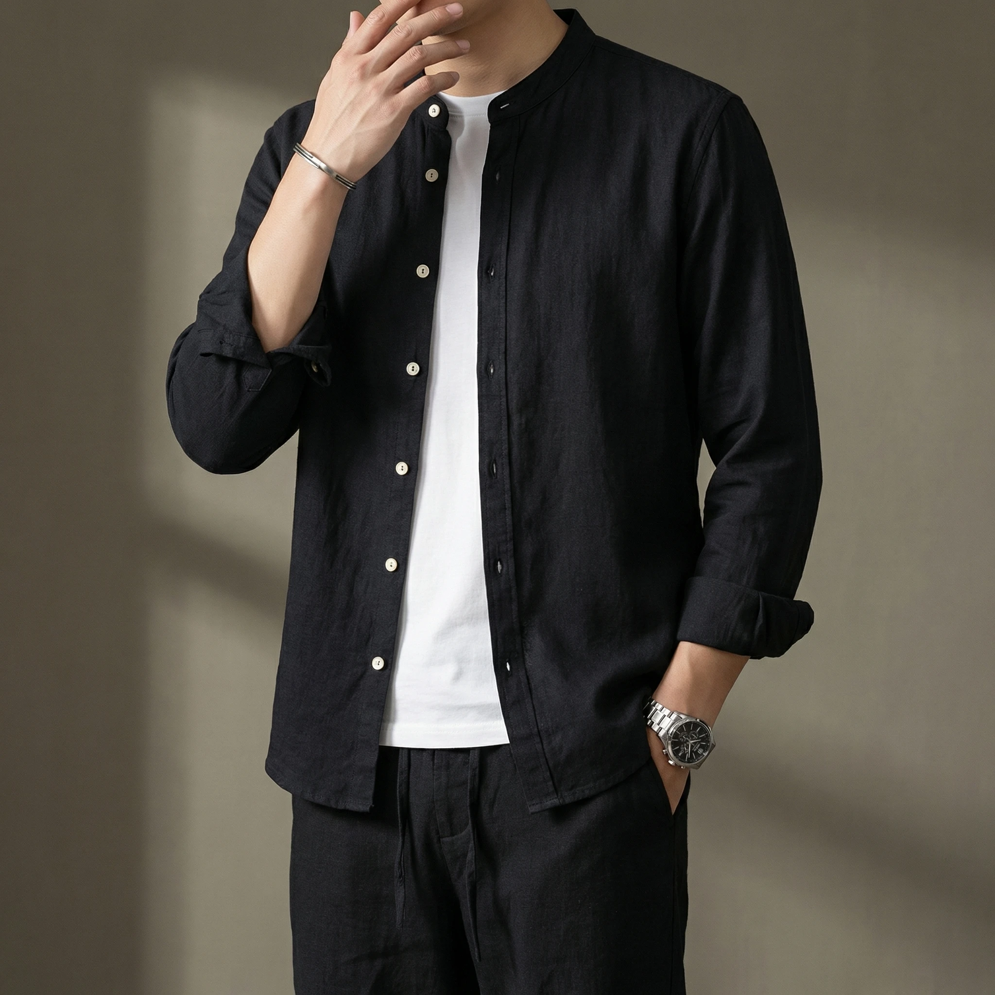Spring/autumn new men's linen jacket casual solid long sleeved shirt stand collar thin men's Cardigan high-end lazy style Blouse