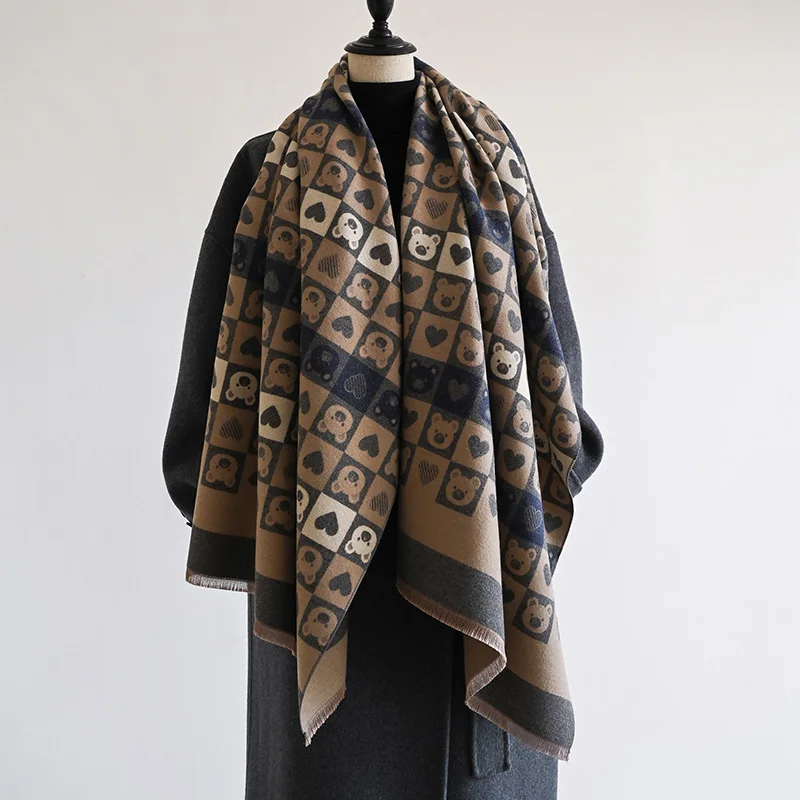 Brand Heart-Shaped Bear Plaid design luxury Bohemia Imitation Pashmina Thickened 2024 autumn and winter new scarf shawl