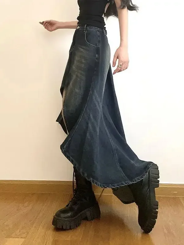 Denim Midi Skirts Women Washed Retro Irregular Design Prevalent Streetwear Hipster Casual Fashion All-match High Waist CBQ9