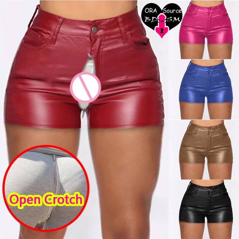 

Woman Open Crotch Sexy Mini PU Leggings Leather Girl High Rise Open Hole Hidden Zippers Pants Outdoor Sex Crotchless Clubwear