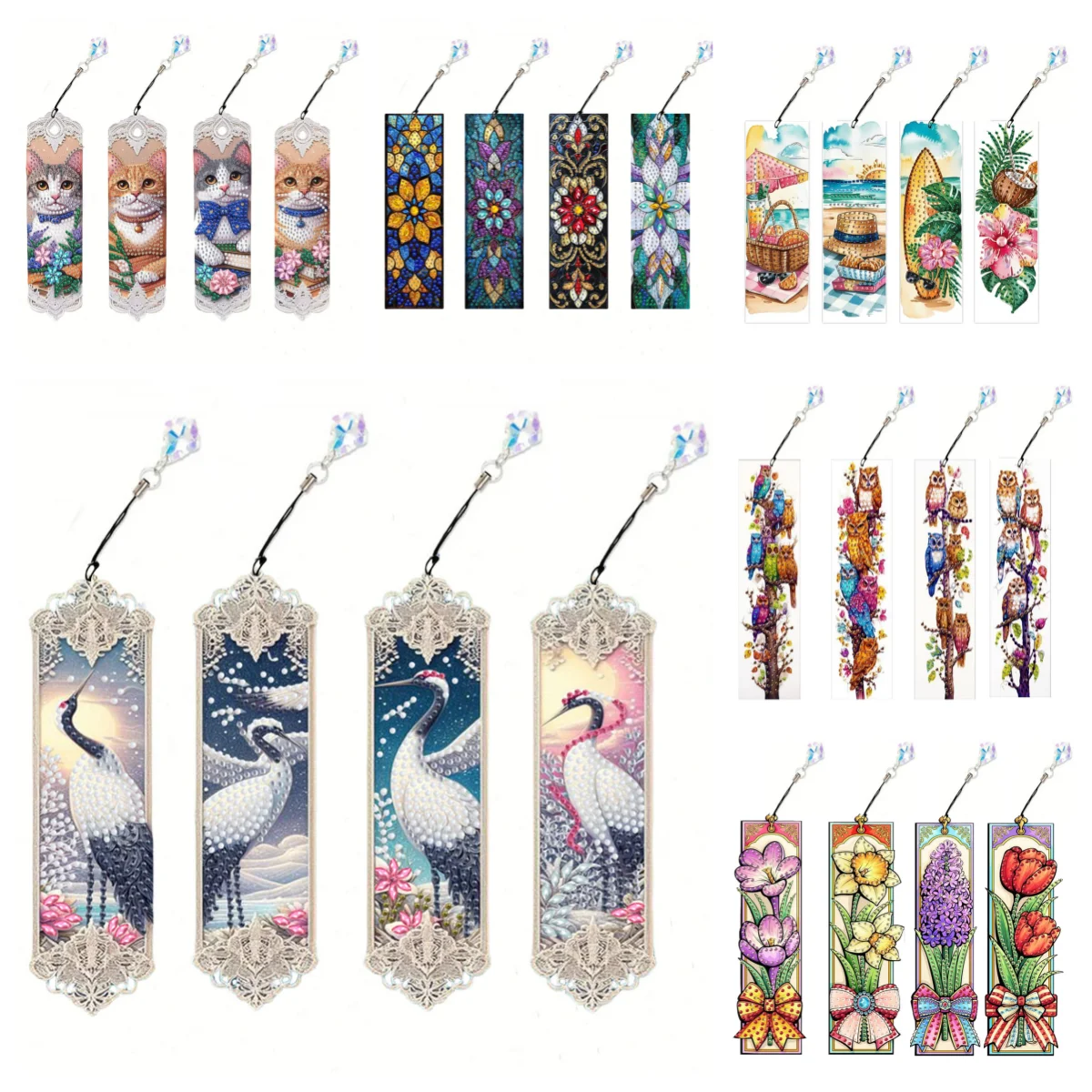 4 DIY Diamond Art Painting Bookmark Sets, Animal/Flower-Themed Crystal Pendant Bookmarks, Suitable for Books and Notes