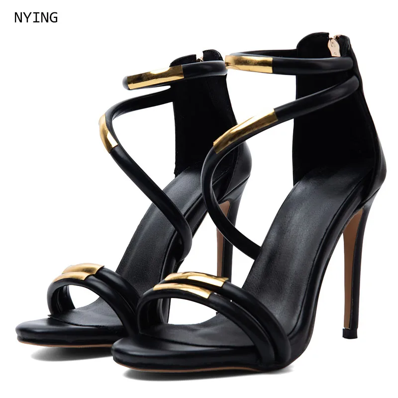 Women Black Leather Cross Curved Strap Sandals, Gold Metal Tube Decor Back Zipper Thin Stiletto High Heels for Wedding Evening
