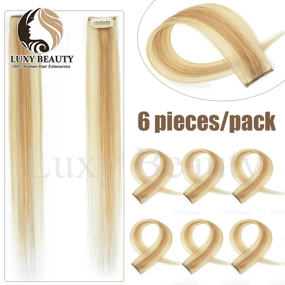 6pcs/set Blonde Clip in One Piece Hair Extensions Human Hair Women Natural Black Brown Straight Clip in Human Hair Accessories