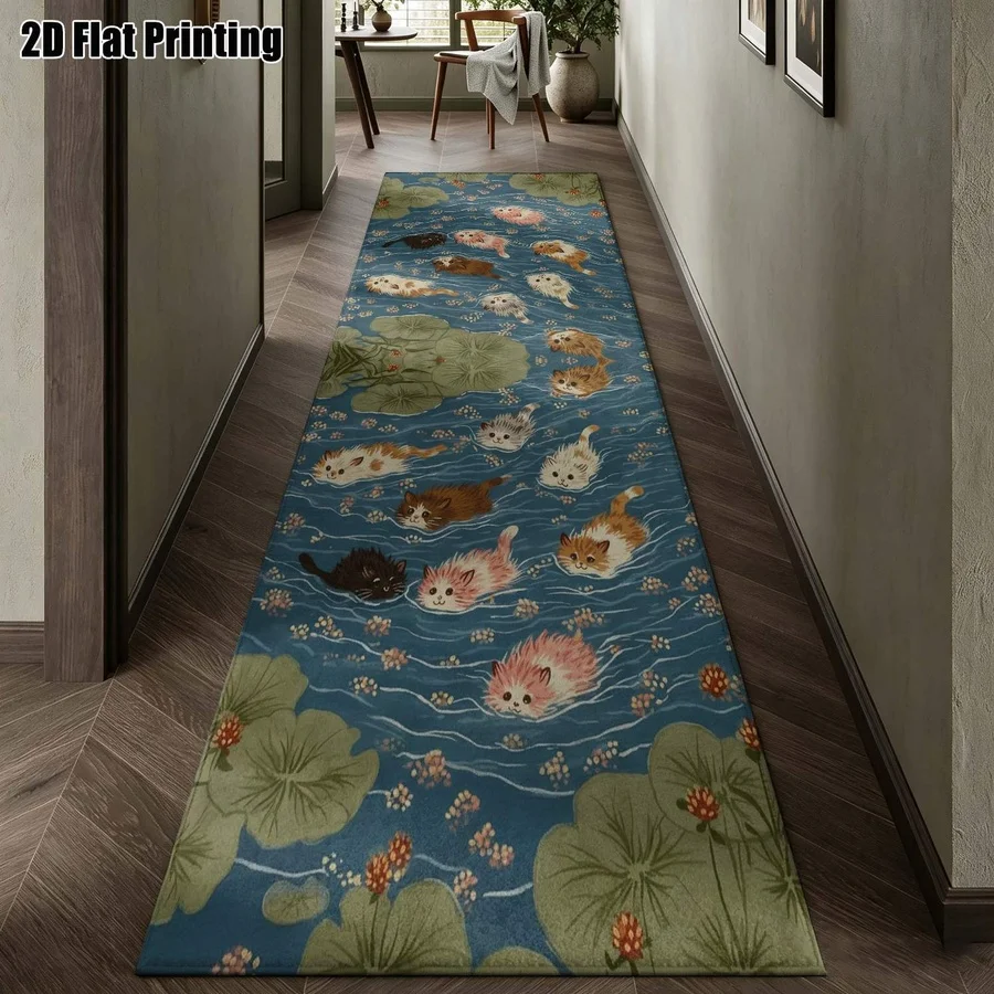 1Pc Bohemian Style Cat Lotus Leaf Pattern Printed Long Carpet, Cartoon Cute Style Carpet, Suitable for Bedroom, Living Room, Entrance, Bathroom, Bedside, Home Decoration