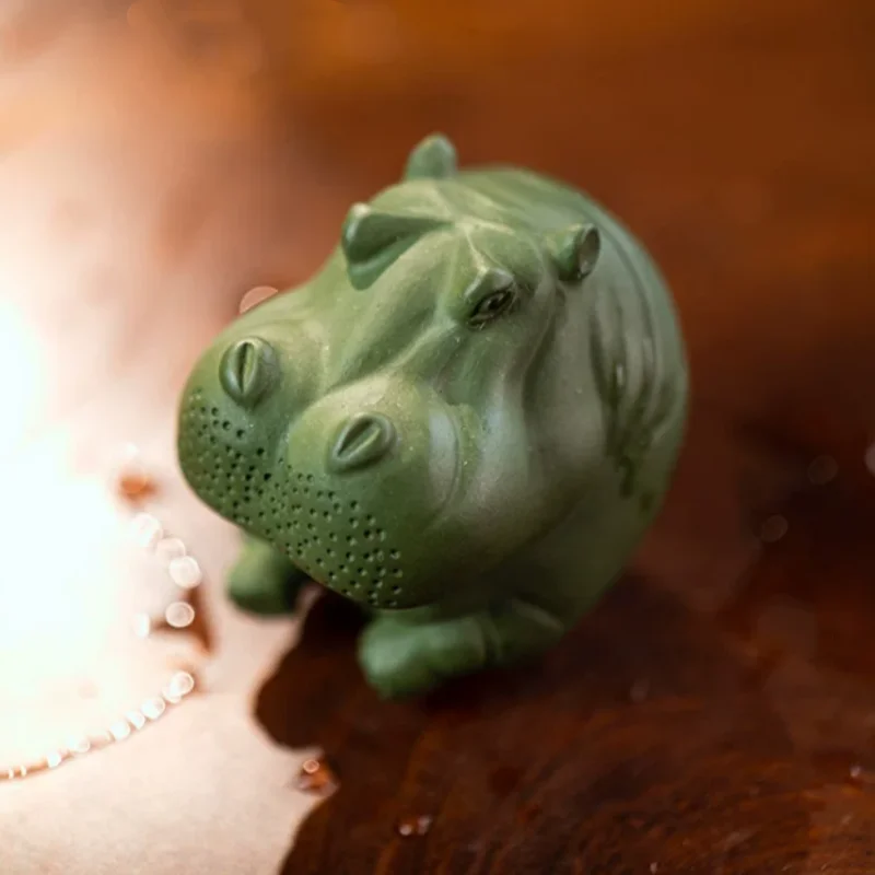 Chinese Yixing Purple sand Green Clay Tea Pet - Hippo Hippopotamus Sculpture, Exquisite Kungfu Tea Table Accessory