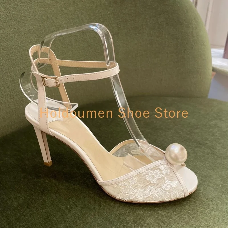 Large Pearls Decor Ivory White Lace Textured Sandals Peep Toe Ankle Strap Buckle Stiletto Sandals Elegant Bridal Wedding Shoes