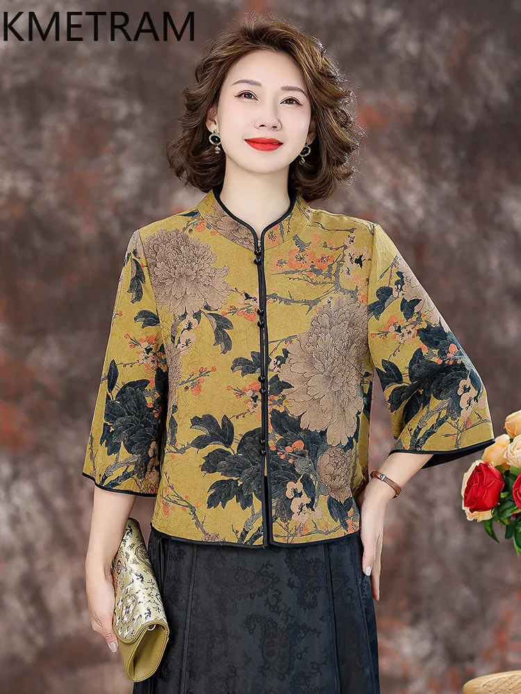 KMETRAM 100% Mulberry Silk Xiangyunsha Women Shirt 2026 Spring New Chinese-style Floral-pattern Half-sleeve Shirt Blusa Feminina