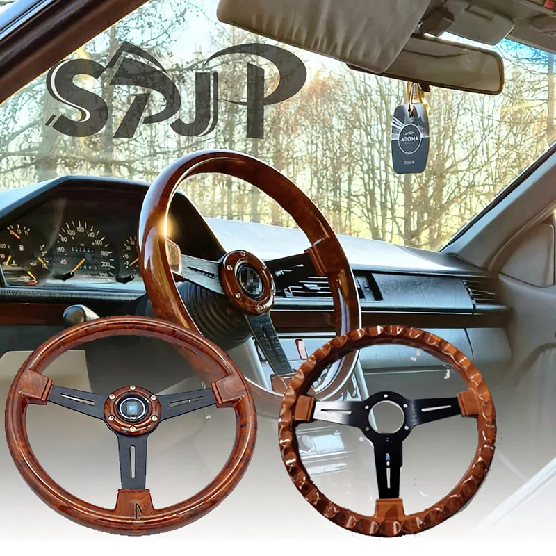 JDM Universal 14inch 350mm Car Nardi Steering Wheel Flat Corn Wood Film Modified Sports Steering Wheel With ND Horn Button