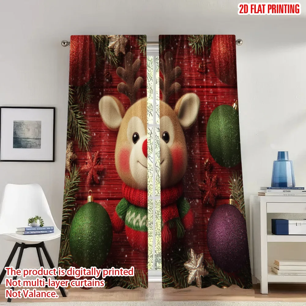 

2pcs 2D flat printing Christmas Party Curtains Christmas Reindeer Bauble Tree Digital Printed Polyester Drapes Family Party for