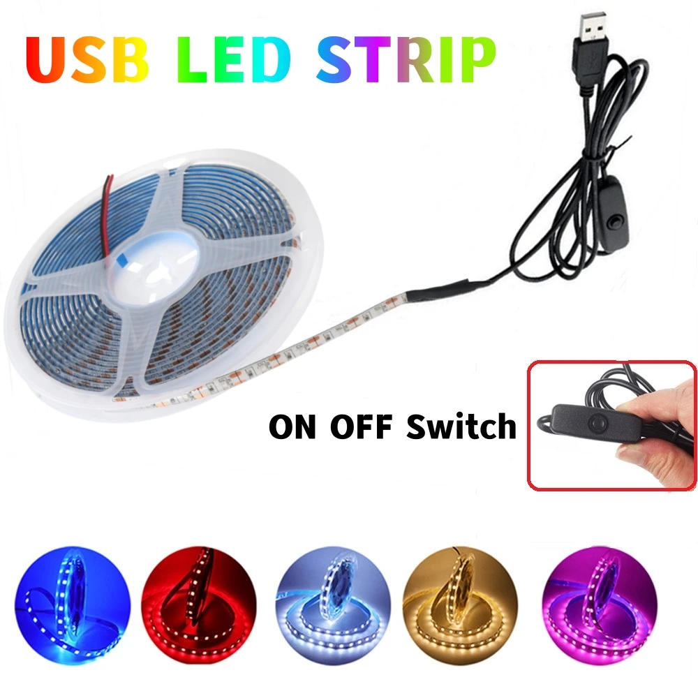 USB LED Strip Light 5V TV Background Flexible Stripe Ribbon With ON/OFF Switch SMD2835 60Leds/m 3528SMD Cabinet Rope Tape Lamp