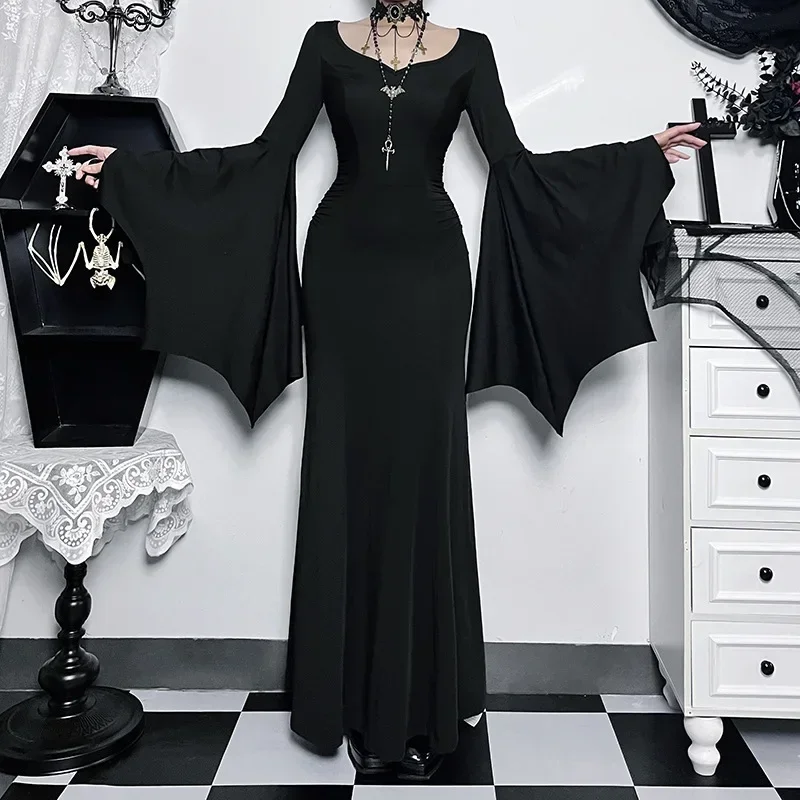 

Gothic Winter New Flared Sleeve Dress Adams Family Female Tees Fishtail Dress Halloween Vintage clothes Long Party suits