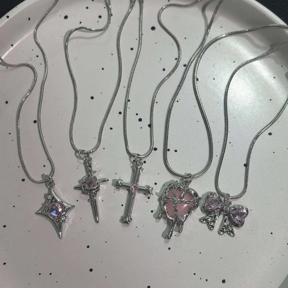 Y2K Pink Rhinestone Cross Heart Pendant Necklace Set Silver Tone Bow Charm Snake Chain Necklaces for Women E-girl Streetw