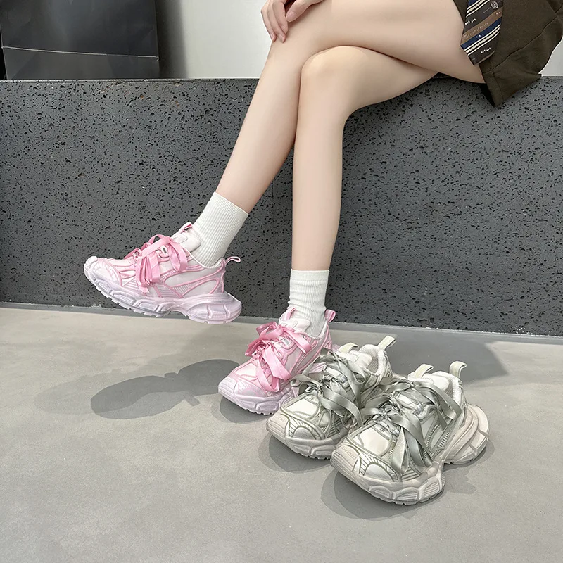Paris 3XL Pink Bowtie Dad Shoes Women's Thick Bottom Real Leather Casual Outdoor Vintage Distressed Running Shoes