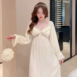 French Pajamas Women Court Style Long-sleeved Nightdress Female Imitation Silk Loungewear Princess Style Ice Silk Nightgown Lady