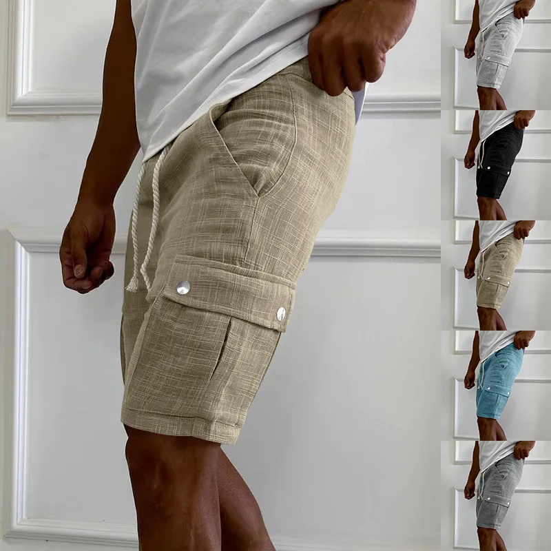 Summer Men\'s Casual Shorts Breathable Linen Cargo Shorts Solid Color Loose Multi-pocket Beach Travel Running Home Shorts