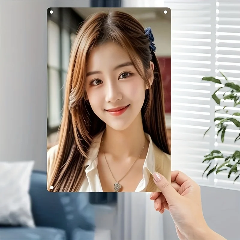 

Korean-Style Woman Face Metal Sign Plate - Smiling With Short Hair & Large Eyes Wall Decor, Iron Paint Poster For Home, Cafe, Ch