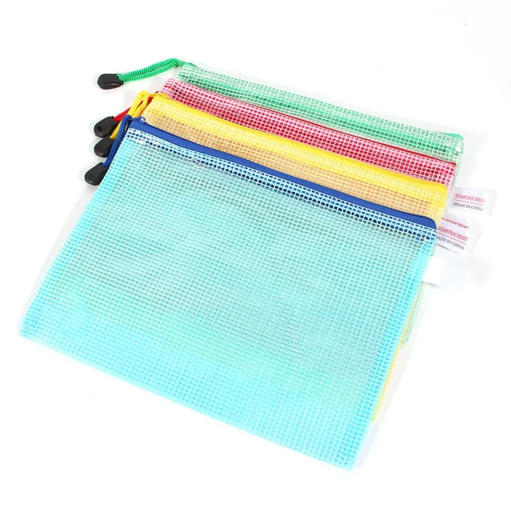 

12Pcs A5 Size Plastic Bags 24*18cm Zippered Zipper Bags Transparent Blue/ Red/ Yellow/ Green File Bags Storage Bags