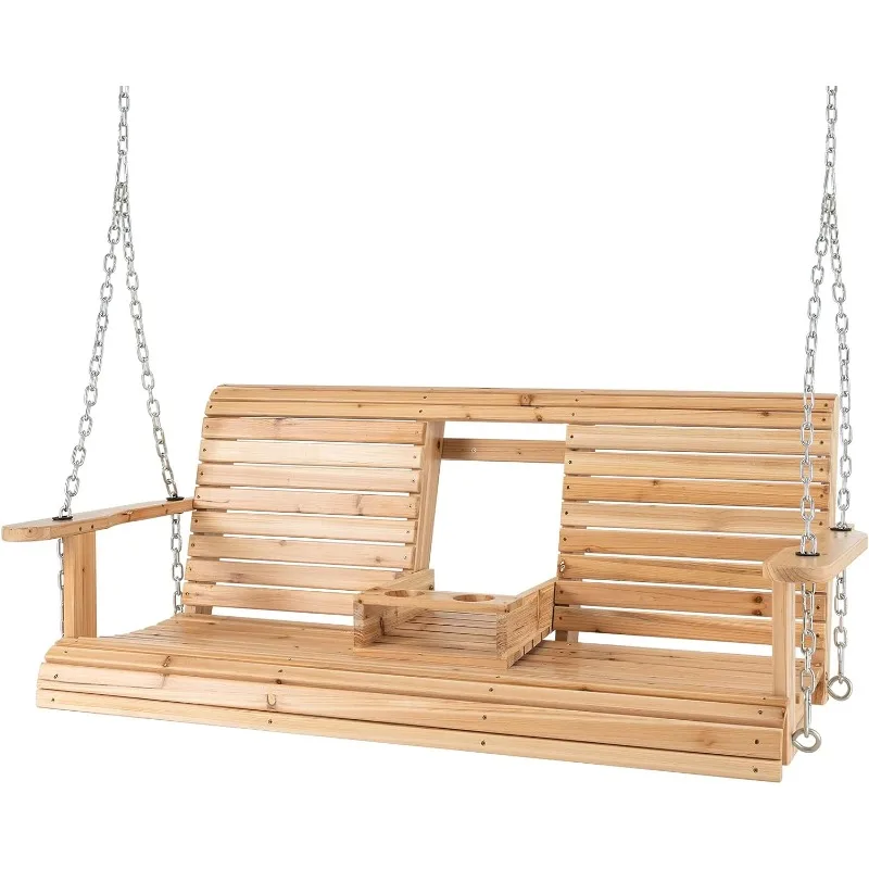 

2 Person Hanging Porch Swing, Outdoor Bench Swing with Adjustable Chains, Foldable Cup Holders, High Back, Cozy Armrests