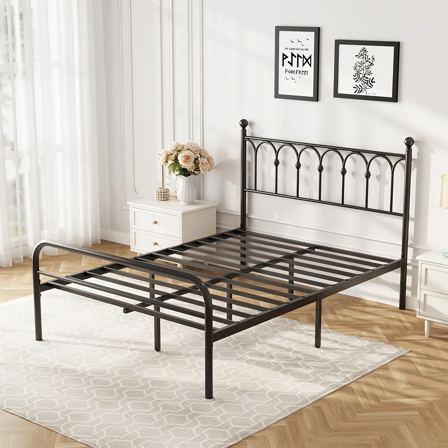 

A Metal Bed Frame Featuring Under-Bed Storage, a Rounded Base Design with Protective Foot Pads, And Space-Saving Storage, Eliminating The Need for a Box Spring, Suitable for Bedrooms And Guest Rooms