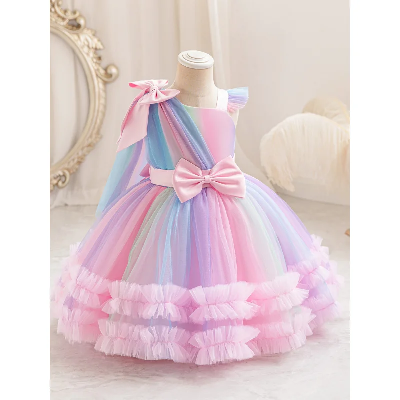 Princess Dress for Girls, Stylish Rainbow Dress for Little Girls, Children's Puffy Tulle Flower Girl Dress, In Stock