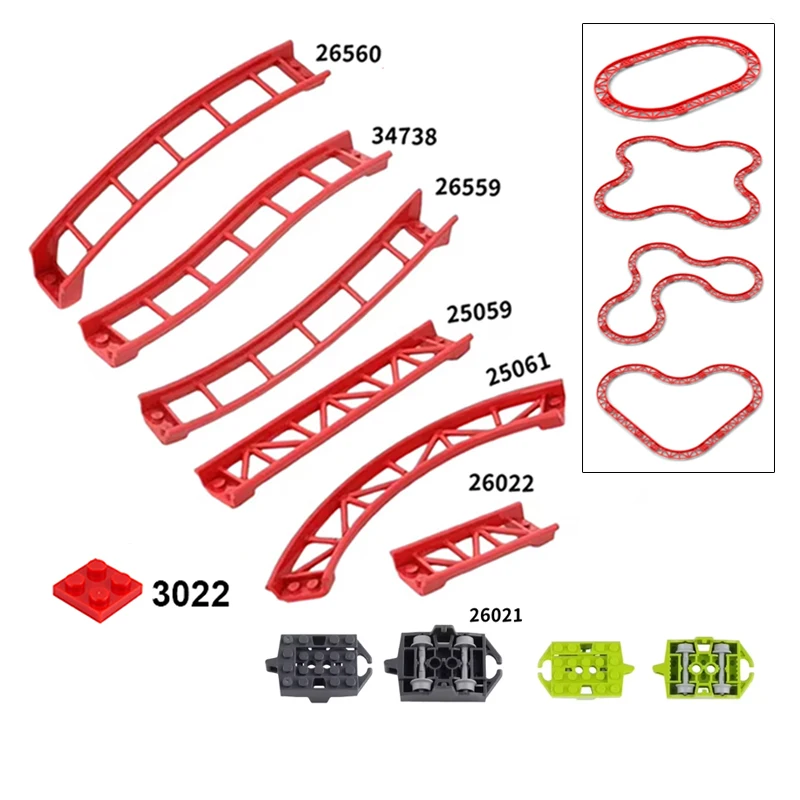 MOC Achterbahn-Schienen-Chassis, kleine Partikel, technische Teile, Baustein, Schiene, Bogen, Neigung, Schaft, Kanten, Ziegel 26021, 26060, 26559
