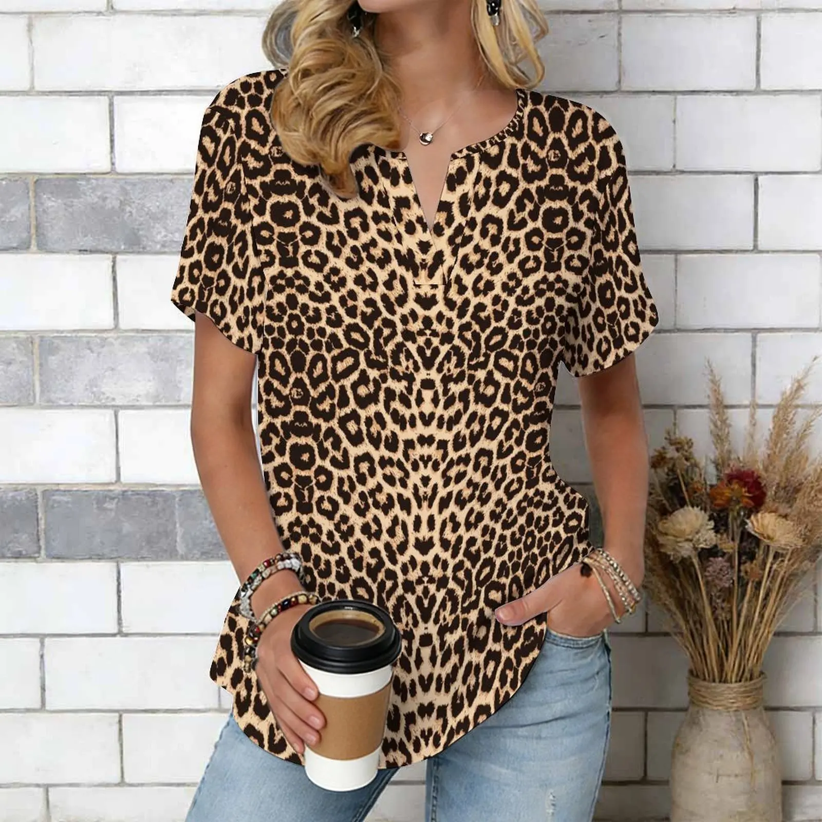 Women Print Notched V Neck Short Sleeve Casual Loose Tunic Tops
