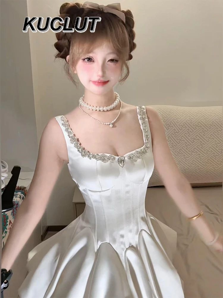 

Socialite Style Heavy Diamond Square Neck Strap Elegant Dresses for Women with Waist-Cinching Fishbone Puff Short Dress