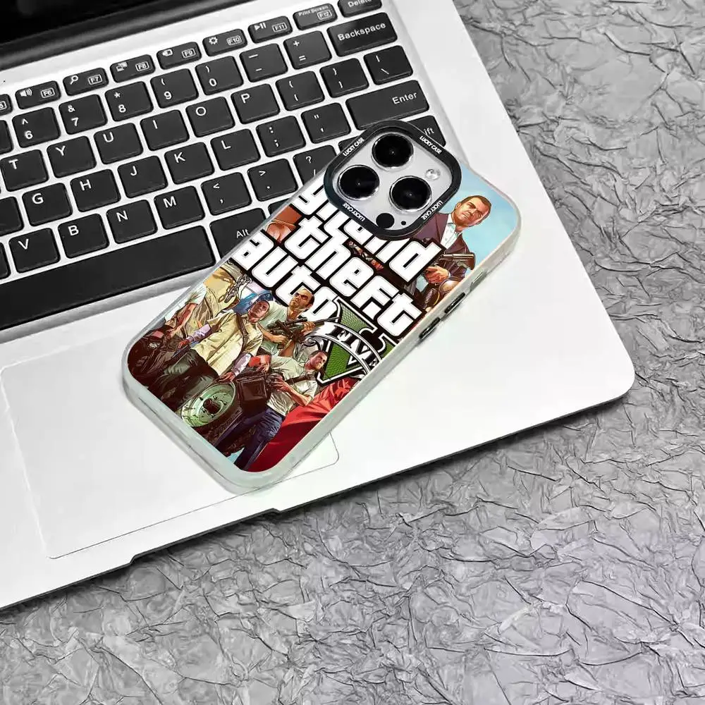 حافظة هاتف Grand Theft Auto GTA 5 ليزر IMD لون فضي شل لهاتف آيفون 17 16 15 14 13 12 11 Air Pro Max Plus