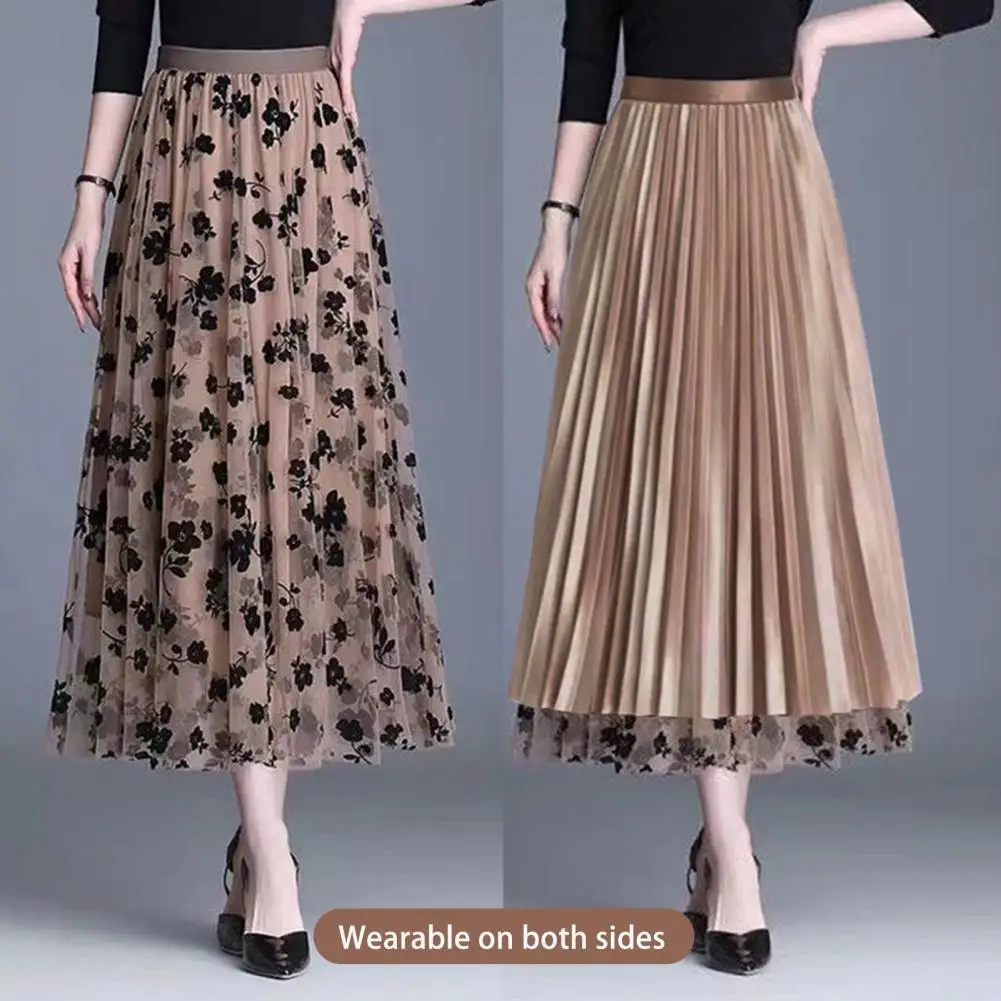 Women Reversible Skirt Elastic High Waist A-Line Pleated Skirt Skirt Embroidery Flocked Flower Print Midi Skirts faldas