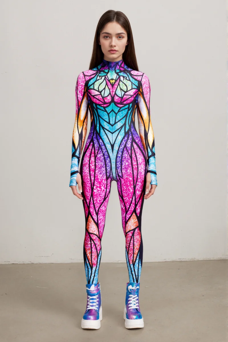 Neuer bunter Schmetterlings-Print-Cosplay-Bodysuit für Damen, Erwachsenen-Halloween-Karnevalsparty-Märchenkostüm, Bühnenkostüm, Zentai-Anzug – Detail 6