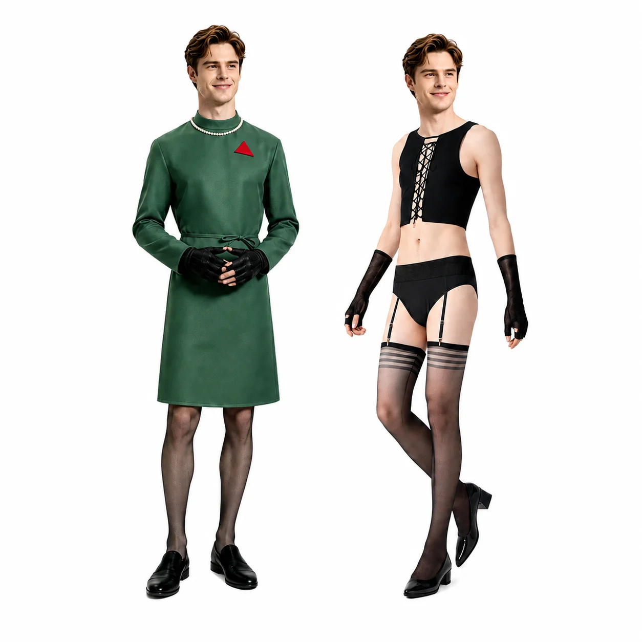 Disfraz de cosplay de Dr. Frank-N-Furter, abrigo verde de Rocky Horror, corsé negro, liguero, medias, atuendo para espectáculos teatrales.