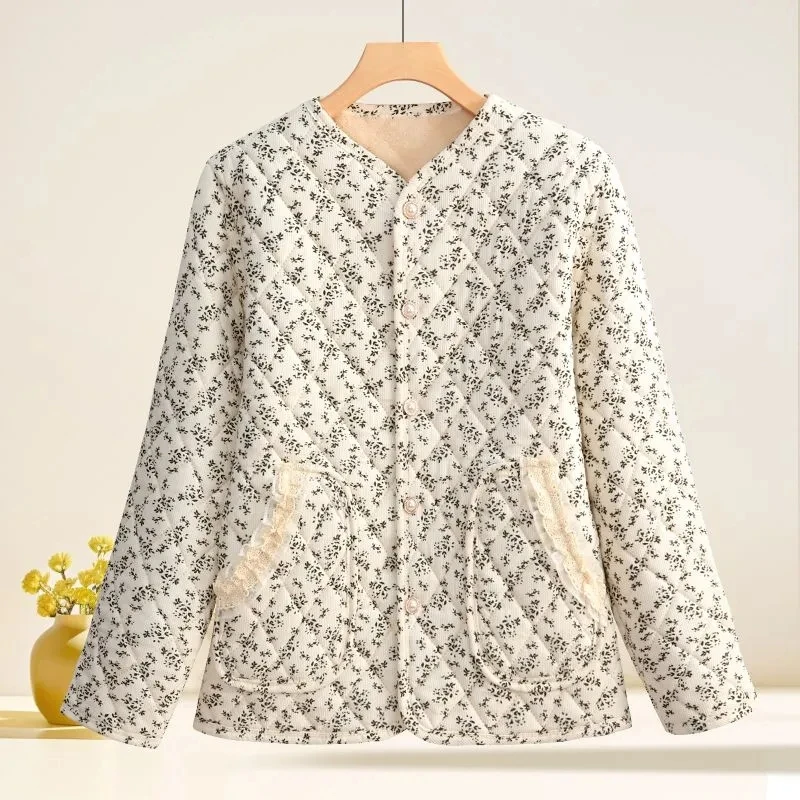 

Ladies Autumn Winter New Floral Plus Velvet Cotton-Padded Jacket Winter Sweet Warm Cotton-Padded Jacket Coat Cotton-Padded Jacke