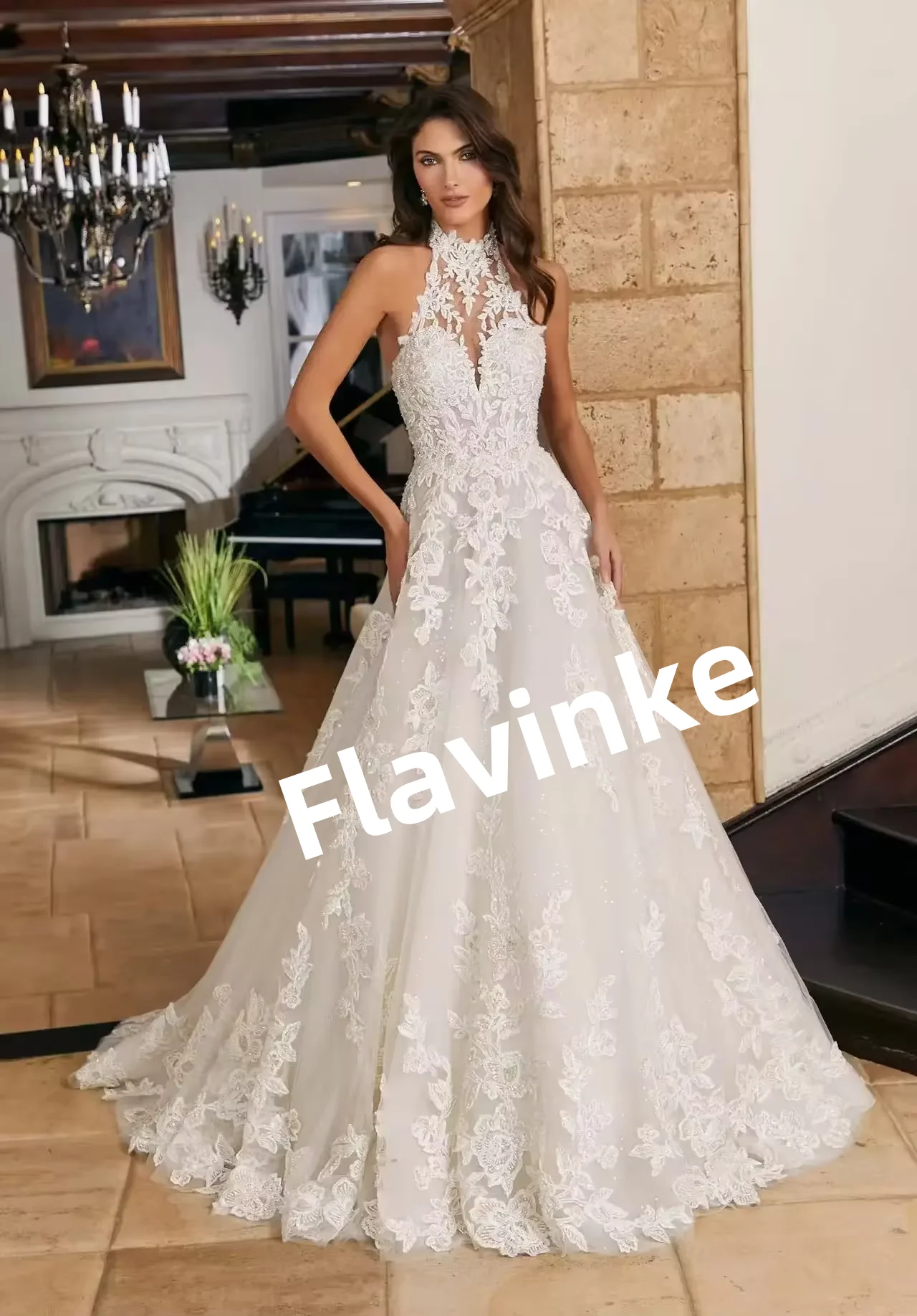 

Flavinke Customized Elegant Charming Sleeveless High Neckline Lace Appliques Wedding Dresses Vestido De Novia Ball Gown 2025