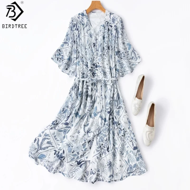 

BirdTree, 100% Silk Print Dress, Flare Sleeve V-neck, Women's Bubble Crepe Double Layer Sash Dresses, 2026 Summer New D64903JF