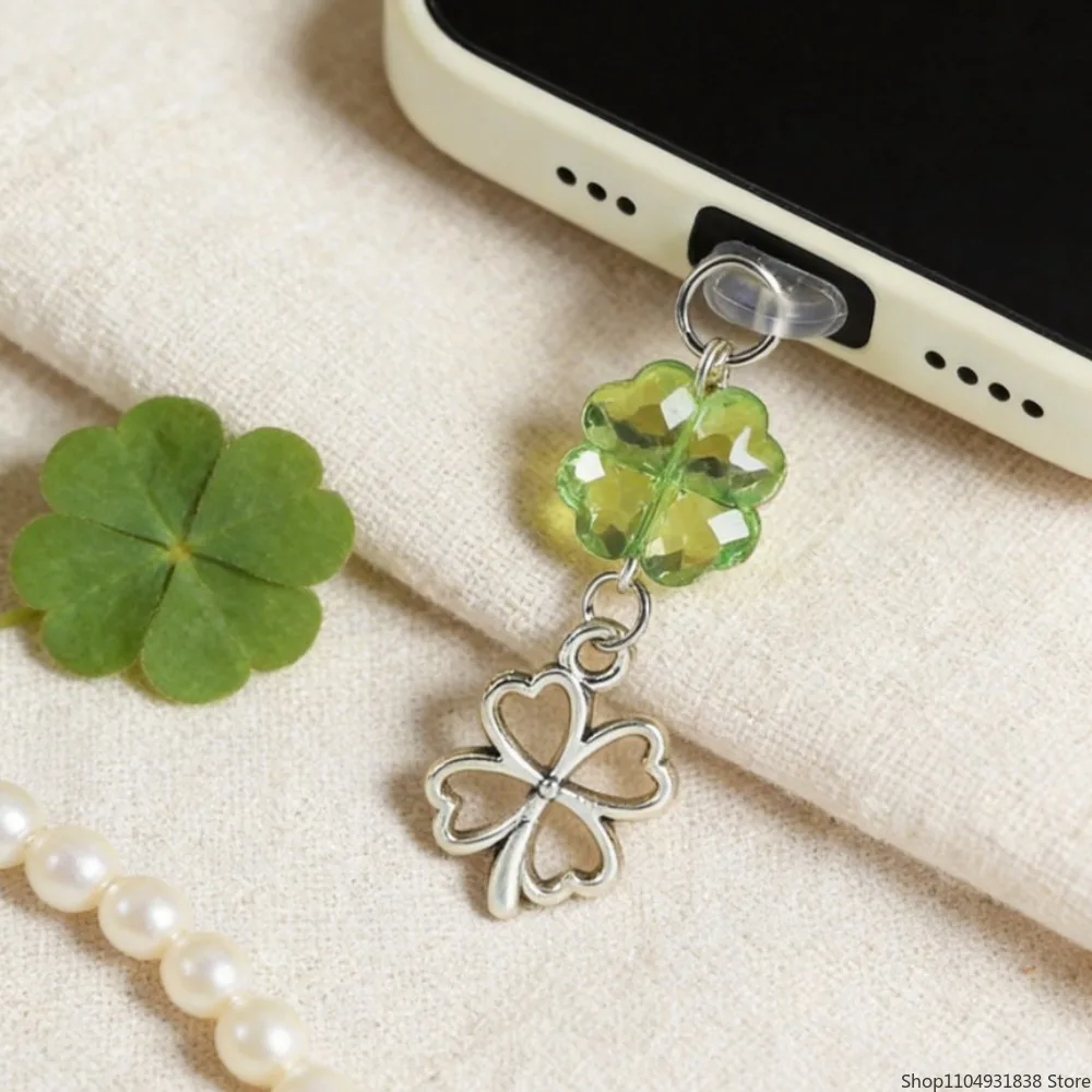 Four Leaf Clover Phone Dust Plug Cute Crystal Phone Charm Pendant Anti Dust Stopper For IPhone Samsung