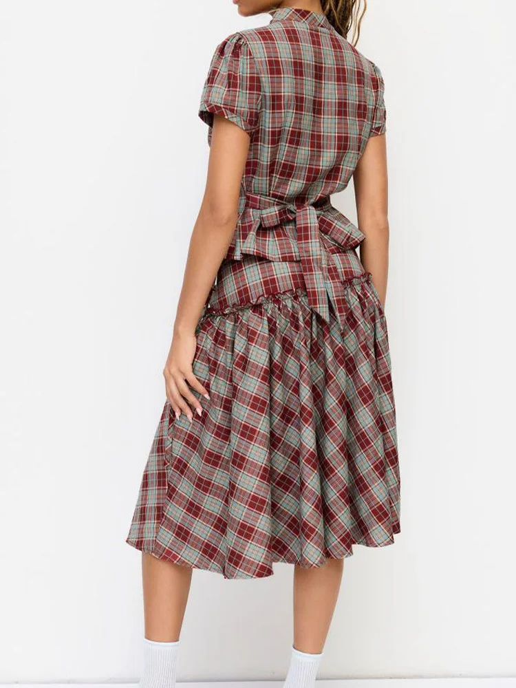 Y2K retro women's plaid stand up collar short sleeved shirt with asymmetrical buttons and pleated edges, slim fit elegant casual