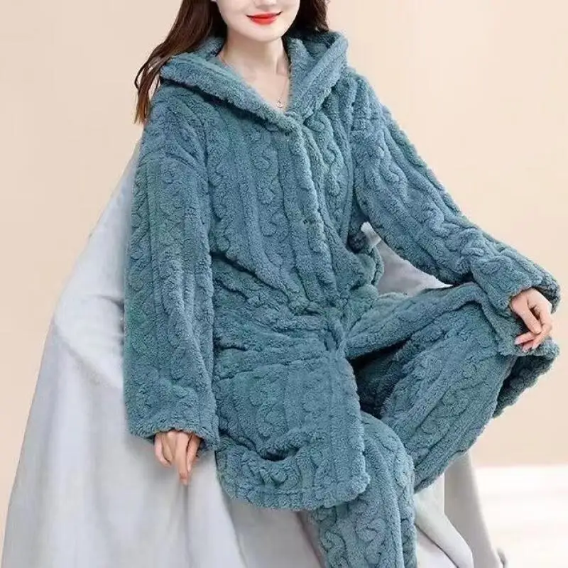 

Coral Fleece Thicken Robe Women's Pajama Set New Autumn Winter Keep Warm Nightwear Jacquard Robe Sleepwear Fleece-Lined Homewear