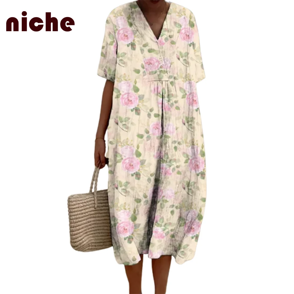 Ladies Beach Skirt Fresh Flowers Leaves Graphic Printing Cotton And Linen High Quality Fabric Fashion Trend Designer Long Dress