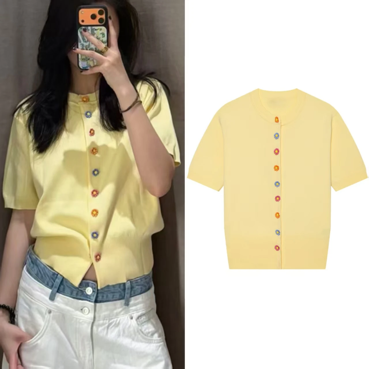

2026 New Women's Jacket Summer Yellow Short Sleeve Button-Decorated Knitted Cardigan Jacket Vacation Style Lively and Cute