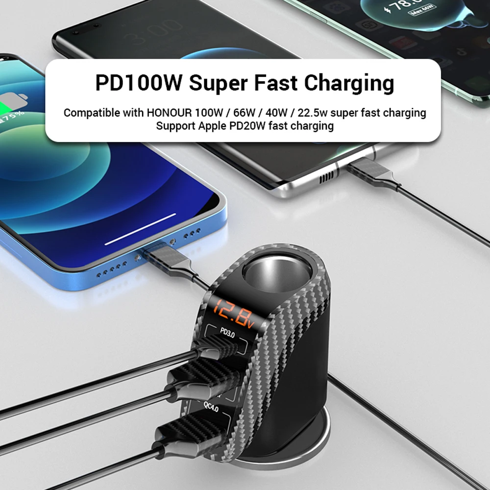 100W USB Car Charger Quick Charge QC3.0 QC4.0 PD3.0 SCP 4 IN 1 Car Super Fast Charging for IPhone 12 13 Xiaomi Huawei Samsung