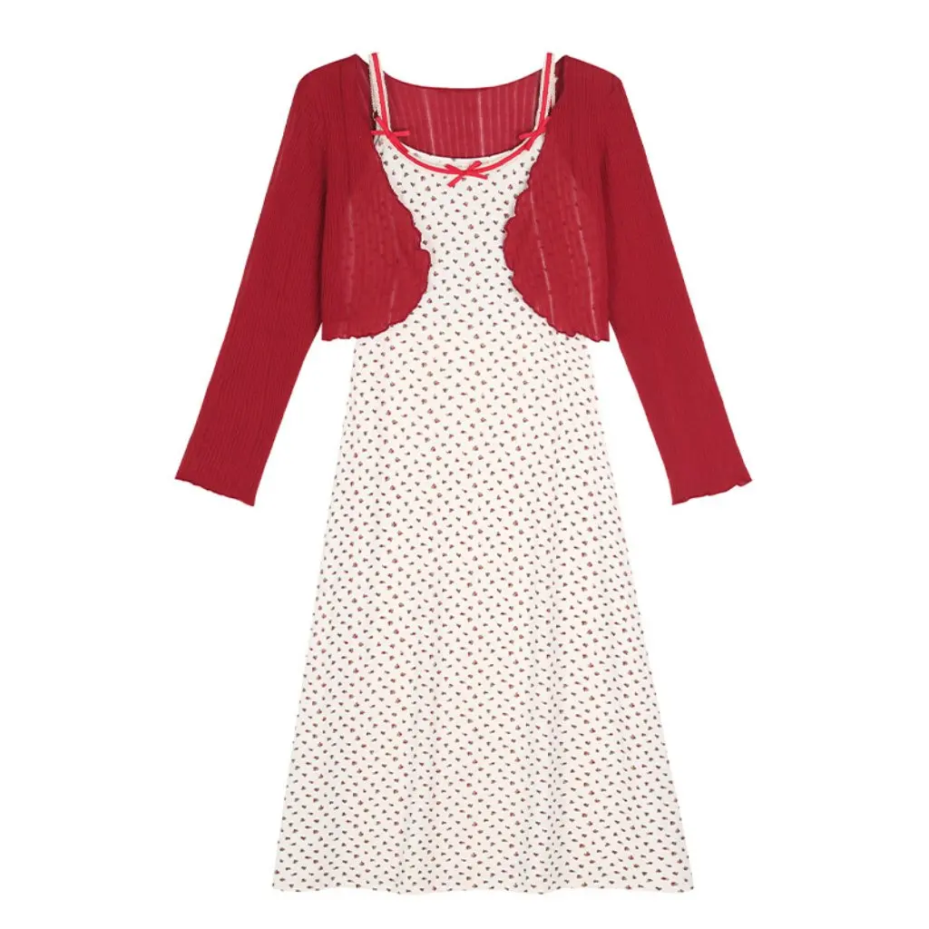 

Красный комплект, кардиган с короткими рукавами, осеннее элегантное утягивающее платье больших размеров с цветочным принтом для женщин больших размеров, повседневный шикарный стиль