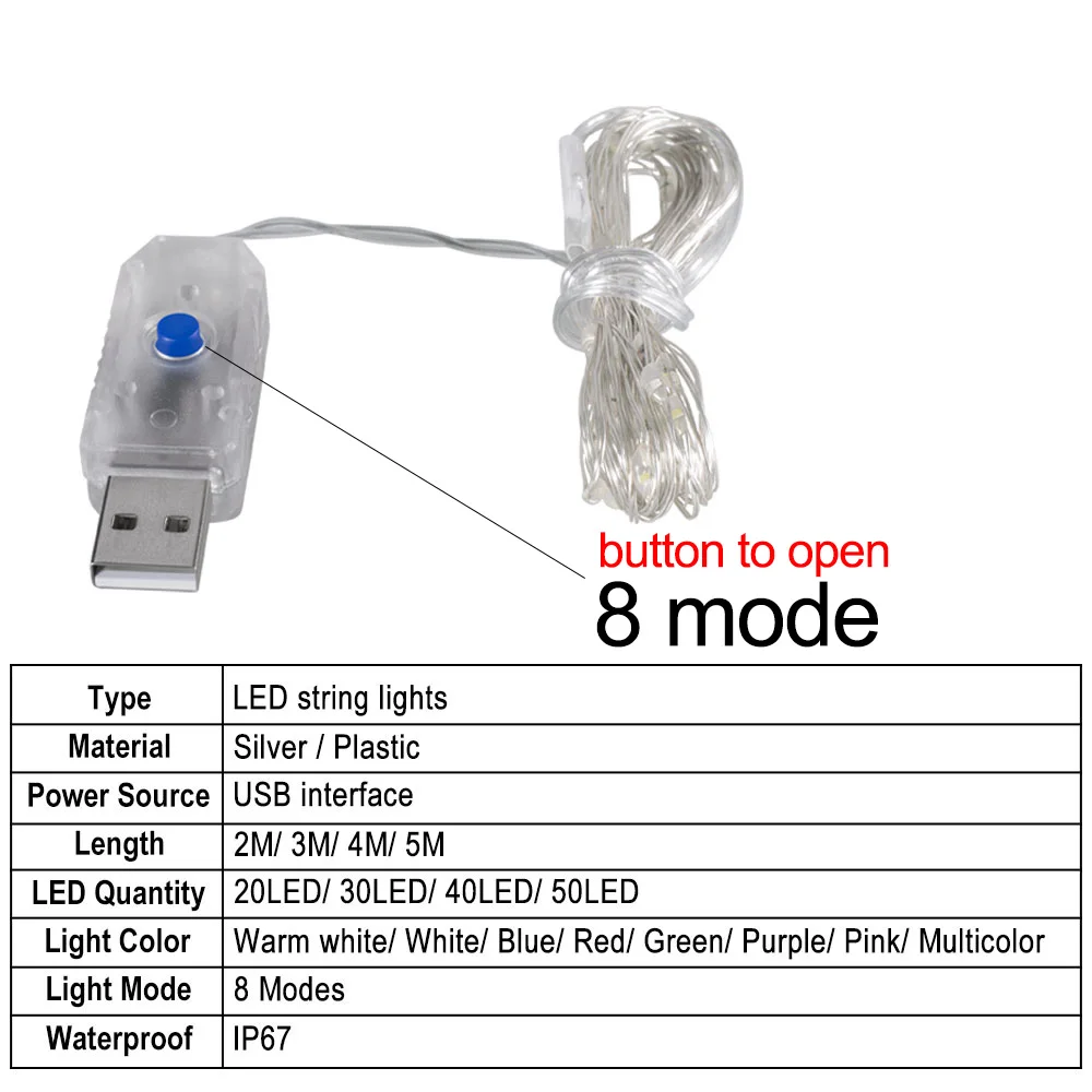 Usb Led String Lichten Koperdraad Waterdicht Fee Garland Light 8 Modes Outdoor Twinkle Verlichting Kerst Nieuwe Jaar Decoratie